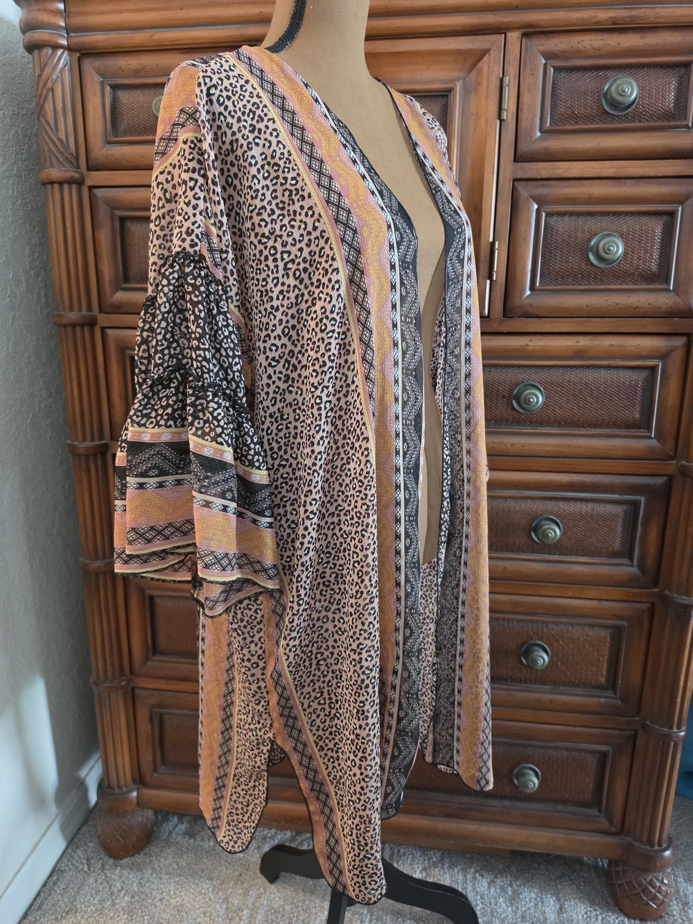 Mixed Print Kimono Cardigan Chiffon Leopard Boho Tiered Bell Sleeve L/XL